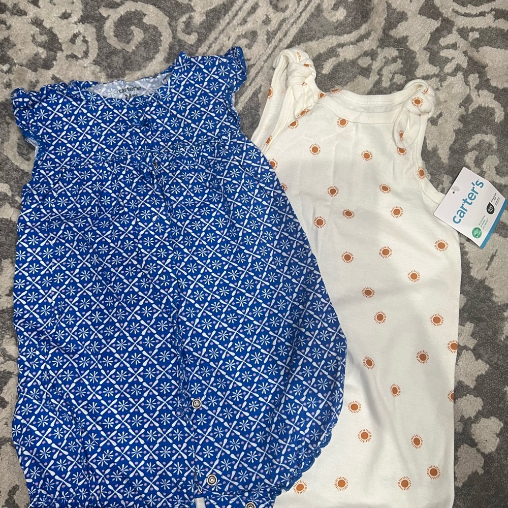 Carter's Blue Floral and White Orange Dot Rompers